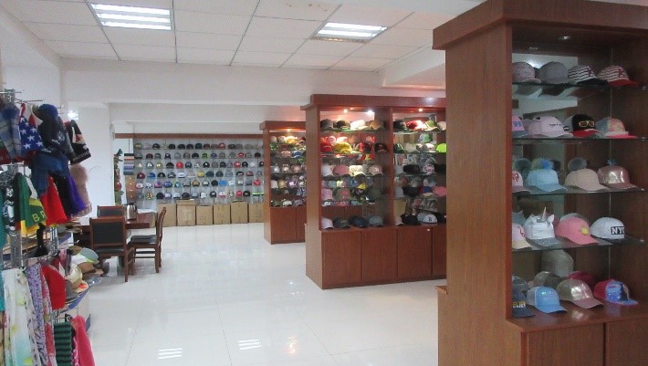 Cap sample showroom with baseball caps on display