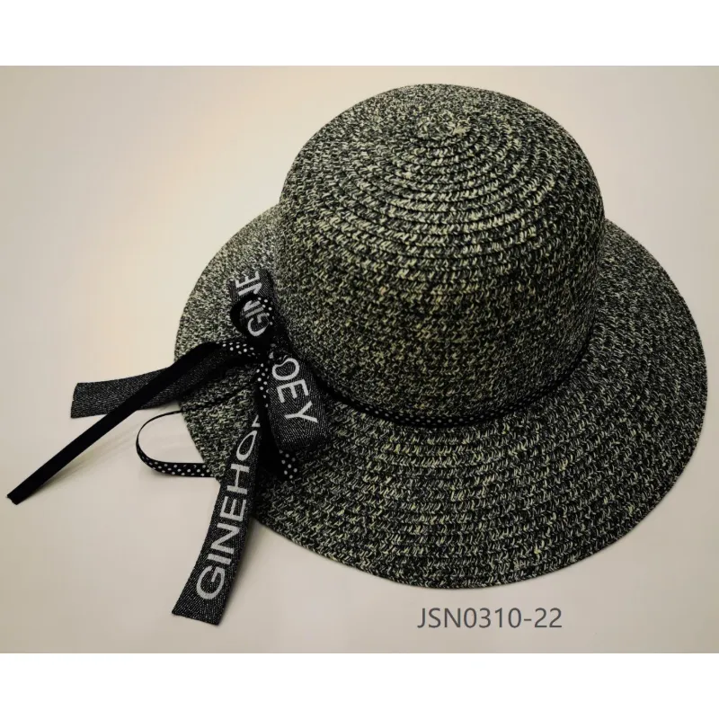 Black bowknot beach straw hat with letter ribbon