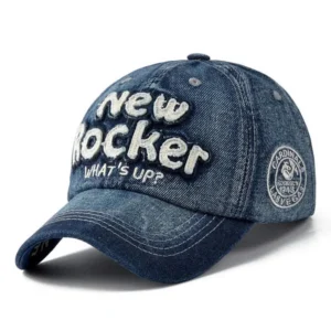 Blue washed denim baseball cap with 3D letter embroidery