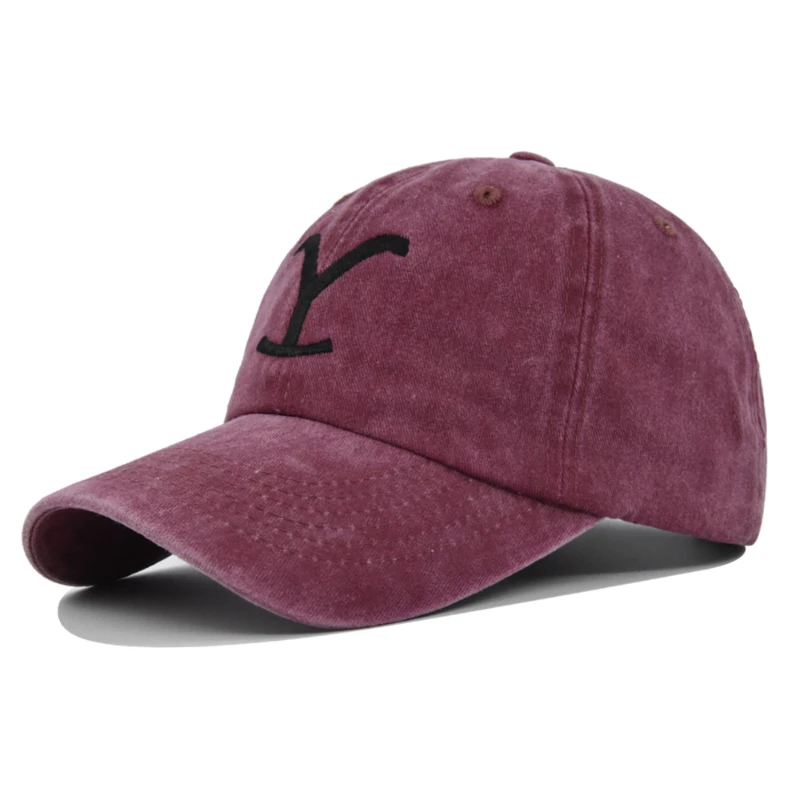 Wine red embroidered washed baseball hat, side view