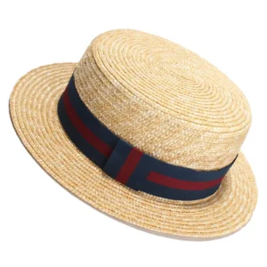 Flat top wheat straw hat with navy and red band