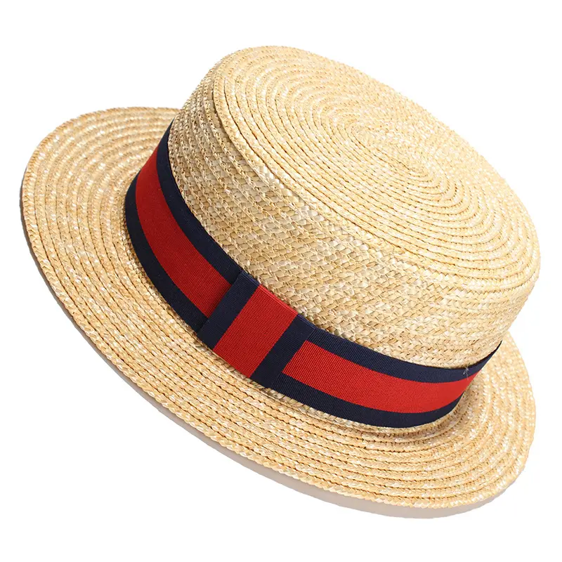Flat top wheat straw hat with red and navy striped band