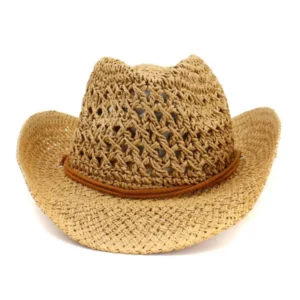 Natural hand braided straw cowboy hat with leather band