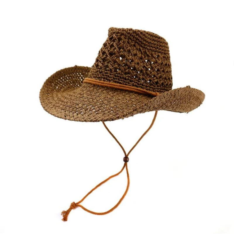 Brown straw cowboy hat with chin strap