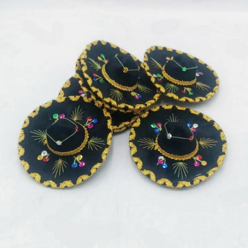 Black embroidered mini sombrero hats with gold trim
