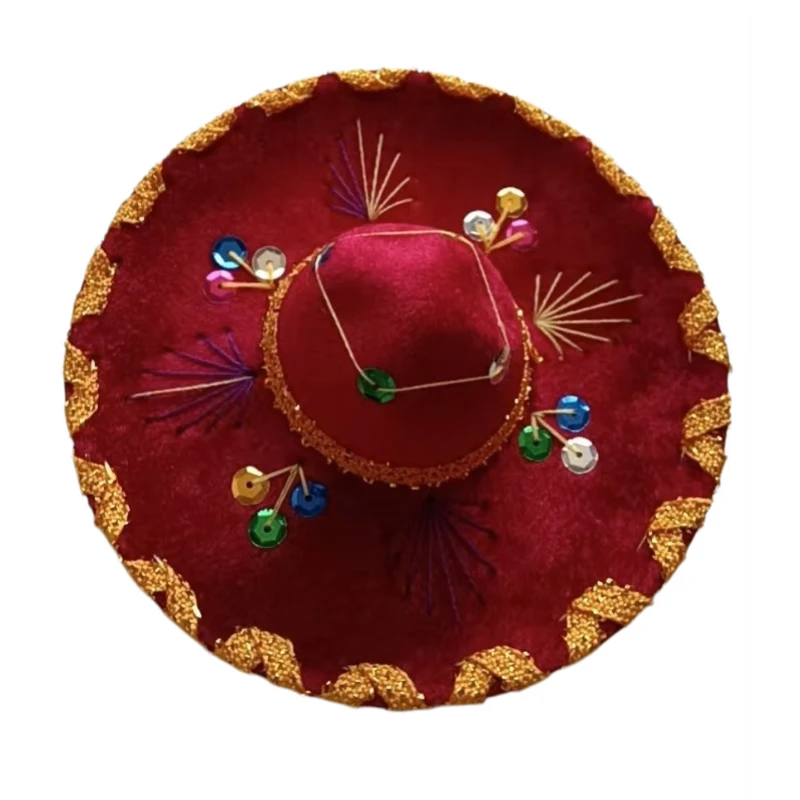 Wine red mini sombrero hat with embroidery