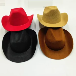 Mini felt cowboy hats in red, black, tan and brown