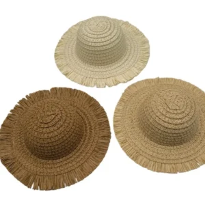 Mini pet straw hats with fringe brim in beige, milk white and coffee