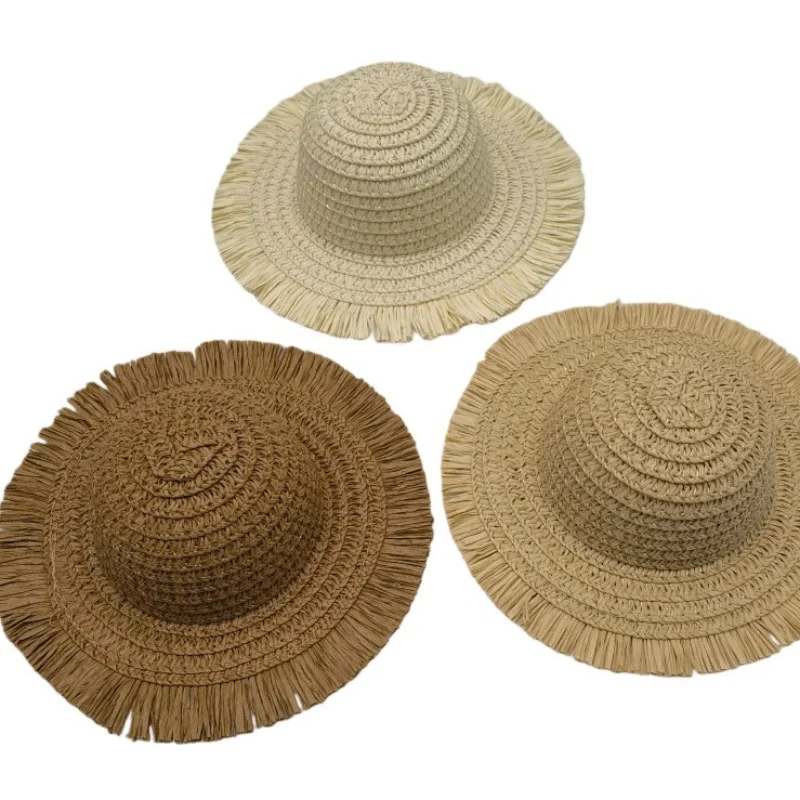 Mini pet straw hats with fringe brim in beige, milk white and coffee