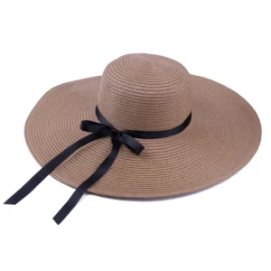 Khaki wide brim Panama straw hat with black bow