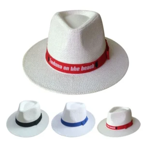 Summer Panama straw hat with custom printed band, available in black, blue and red