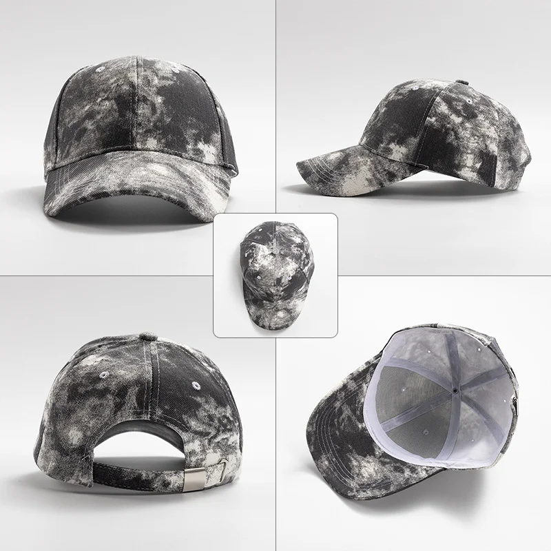 Grey tie-dye baseball cap from four angles