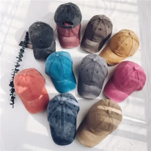 Washed cotton baseball caps in many colors