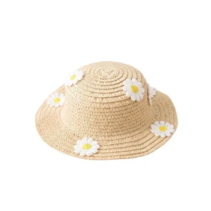 Natural straw pet hat with flower trim on white
