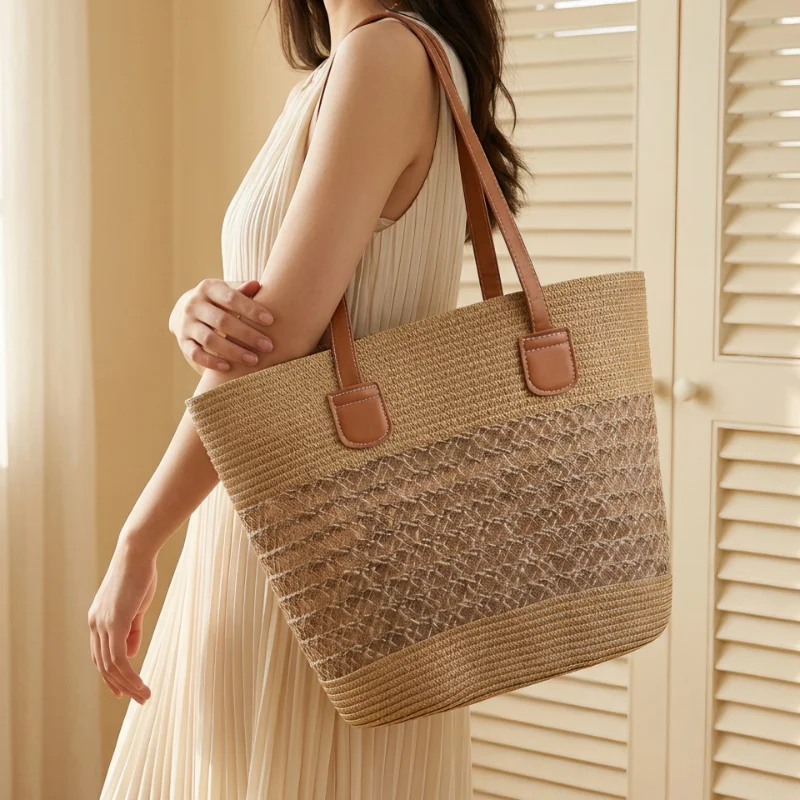 Coffee and camel handmade straw shoulder bag