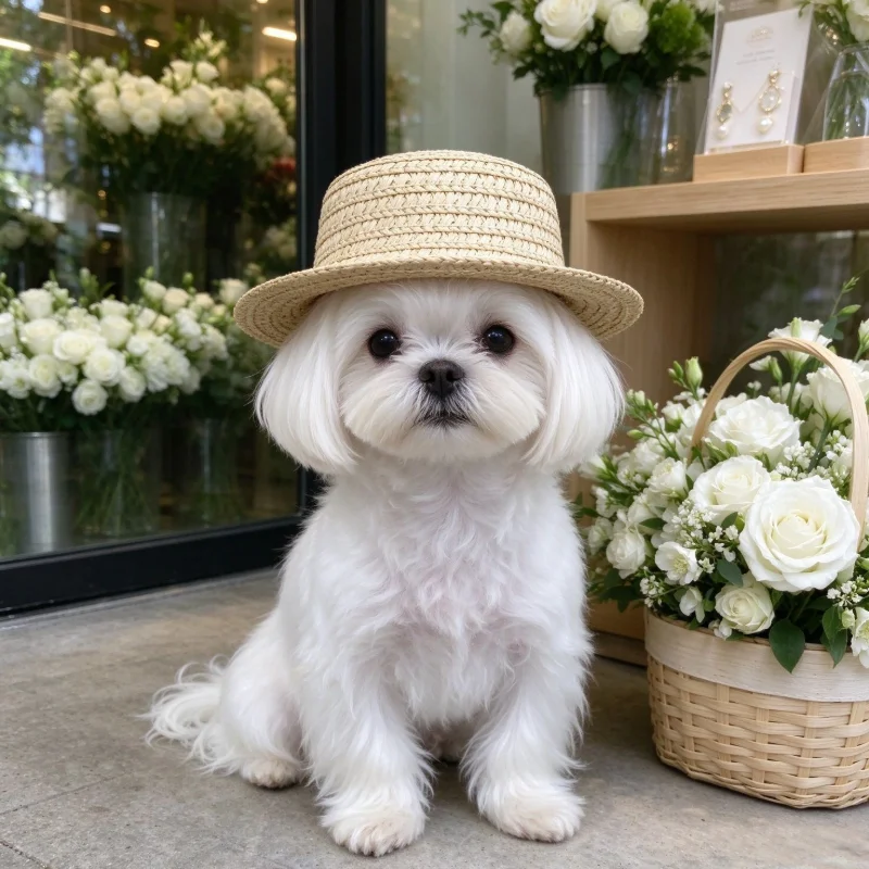Small white dog wearing a mini boater hat