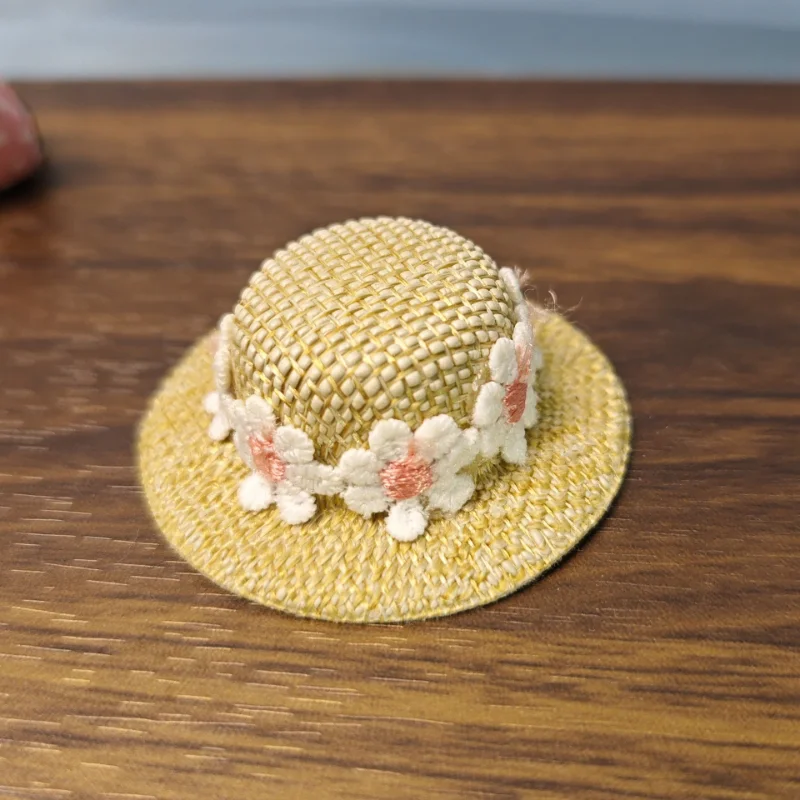 Miniature doll hat with pink flower lace trim