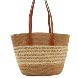 Light brown striped straw tote bag with brown straps