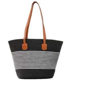 Black woven straw shoulder bag with white stripes
